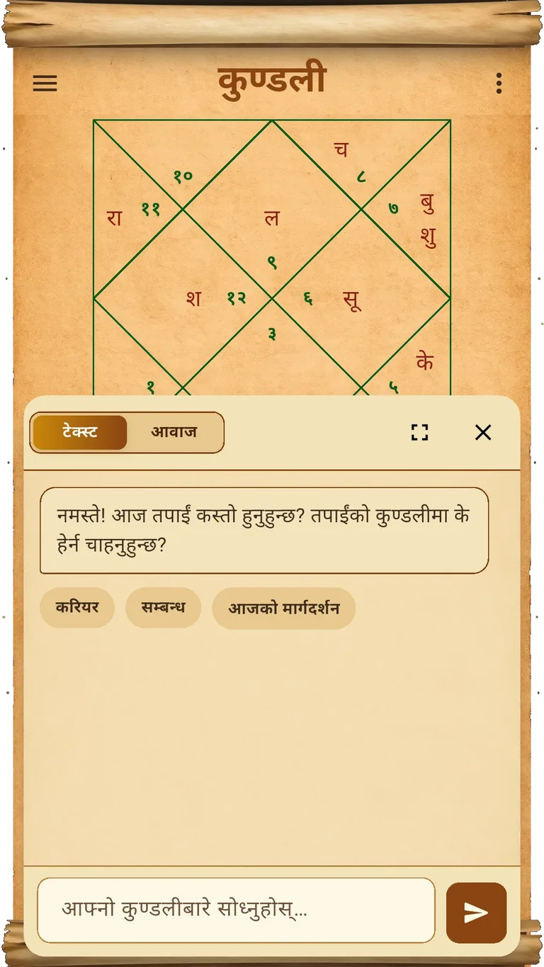 eCheena chart chat screen with text and voice options and suggested questions in Nepali